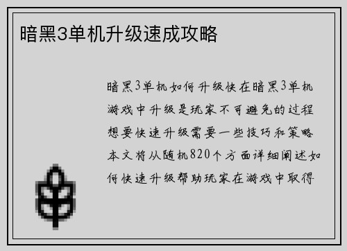 暗黑3单机升级速成攻略